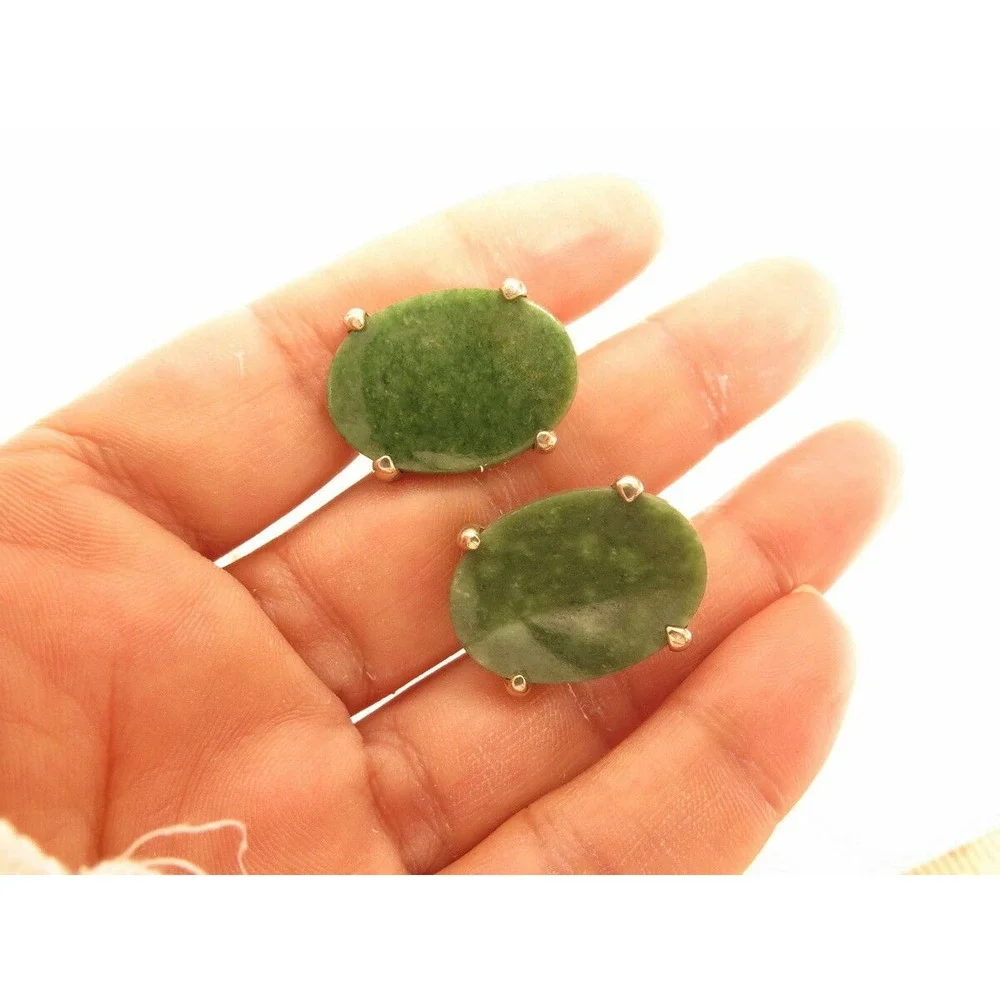 VINTAGE LARGE GREEN JADE GEMSTONE CABOCHONS GOLD‎ PLATED SWANK CUFFLINKS*GROOM